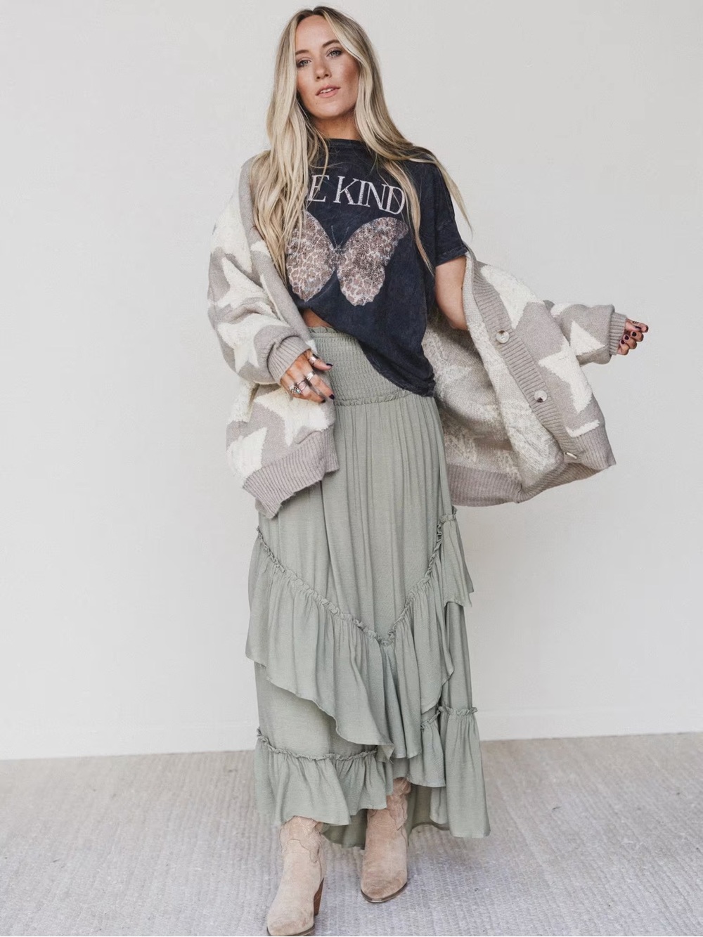 Three Bird Nest Boho Tiered Maxi Skirt in Olive Green - Picture 2 of 8